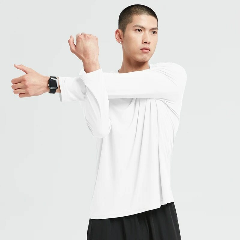 Солнцезащитная быстросохнущая одежда UPF50, мужская летняя спортивная футболка с длинными рукавами для бега, тонкая тренировочная одежда для фитнеса, топ из ледяного шелка