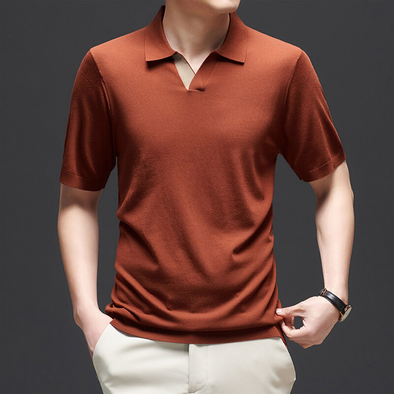남성용 캐주얼 폴로 셔츠, 브이넥 단색, 얇은 니트 반팔 티셔츠, 한국 남성 라펠 통기성 티셔츠, 여름