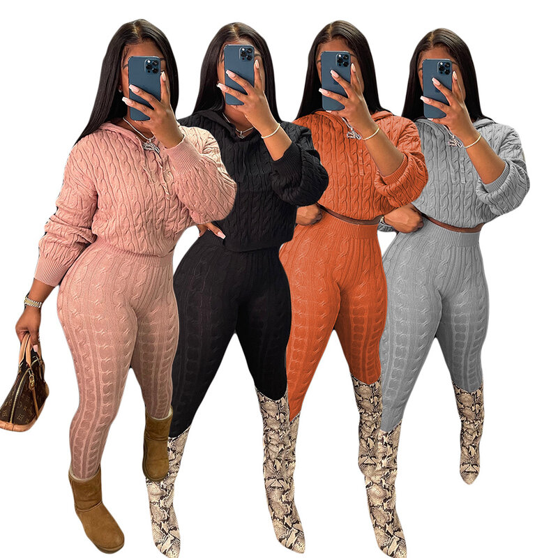Casual Women Tracksuit Two Piece Set Knit Ribbed Solid Color Slim Bodycon Matching Set Clothes For Women Outfit
