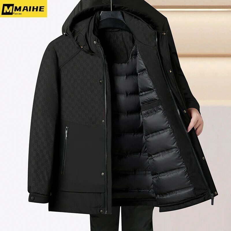 2024 남성용 롱 다운 재킷, 가벼운 럭셔리 비즈니스 프린트 방풍 재킷, 탈착식 캡, 화이트 덕다운 따뜻한 코트, 겨울