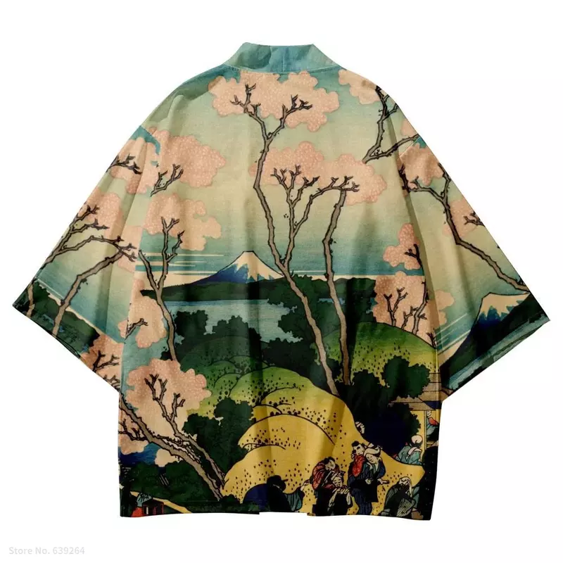 Camisa con estampado japonés de montura Fujii para mujer, cárdigan Yukata para playa, Kimono tradicional, blusa Haori 2024