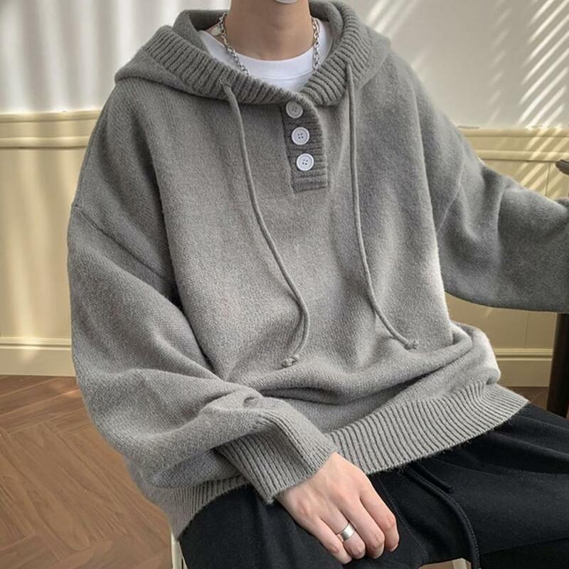 Men Polyester Sweater Men's Vintage Streetwear Hooded Sweater with Drawstring Knitted Elastic Long Sleeve Fall Winter Solid
