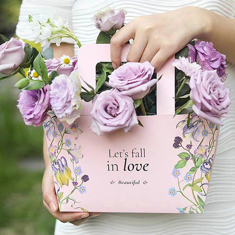 Flower Box Paper Handbag Gift Bag Box With Handle Portable Wedding Party Gift Box Packaging Handy Flower Basket For Wedding
