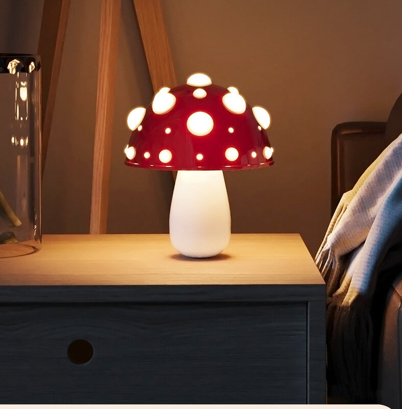 Lámpara LED de seta con puerto de carga USB, luz de escritorio biomimética Fly Agaric, adecuada para dormitorio, sala de estar, estudio de cabecera, Hotel