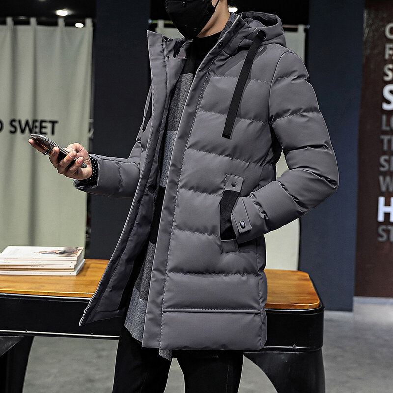 Mantel bertudung pria, jaket tahan angin empuk katun sederhana bawah mantel panjang hangat tebal ritsleting bertudung ramping warna polos mode luar ruangan