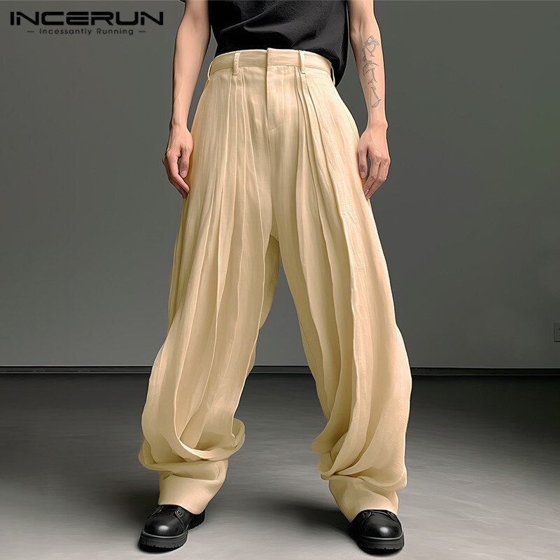 2024 Men Pants Solid Color Pleated Joggers Loose Pockets Fashion Casual Trousers Men Streetwear Leisure Long Pants S-5XL INCERUN