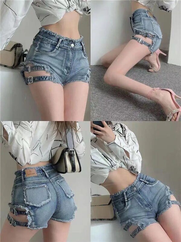 Celana pendek Denim Desire murni Amerika celana pendek Jeans pendek Hollow Out modis Korea pinggang tinggi ramping semua cocok baru