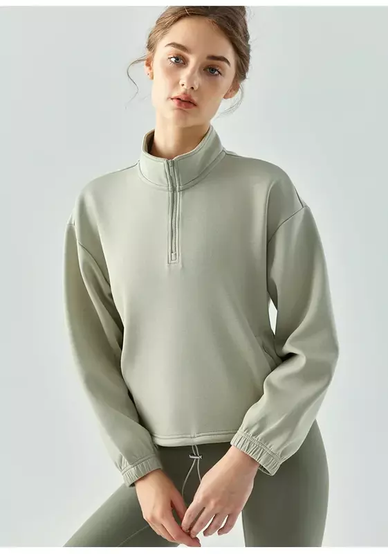 Suéter de manga comprida semi-zíper de gola alta feminino, terno fitness, top versão solta, roupa esportiva justa para ioga, outono e inverno