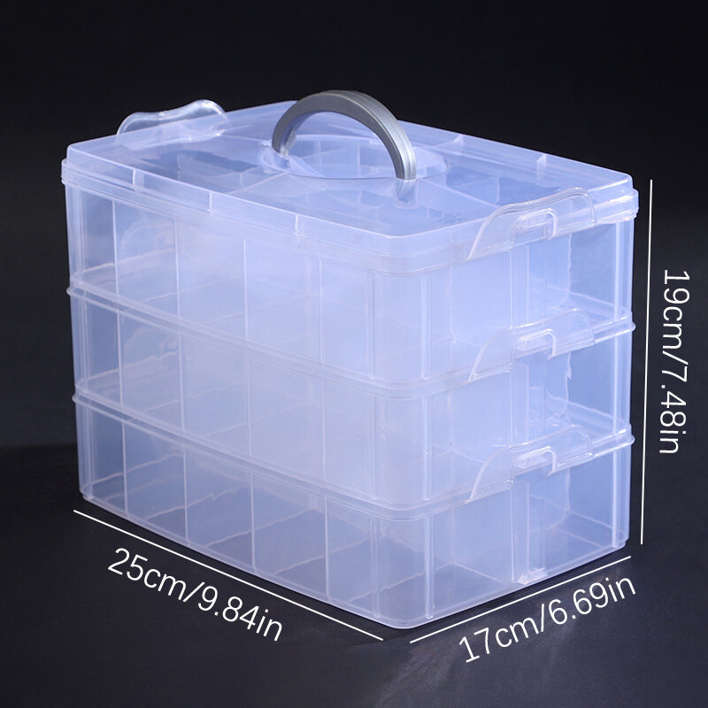 Caixa De Jóias De Plástico Transparente Empilhável, Estojo De Armazenamento, Recipiente com Divisores Ajustáveis, 3 Camadas, Organizador De Contas, 30 Grades