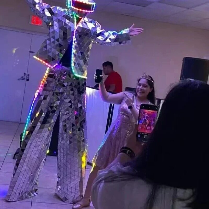 Mirror Man's LED Stilts Costume, Stage Show Dress, Óculos, Cosplay Roupas, Mão Costurado, Dourado, Performance Máscara, DJ