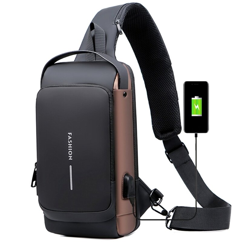 Sling Bolsa com porta de carregamento USB com trava combinada Bolsa de peito Crossbody Bolsa de ombro para homens, caminhadas,
