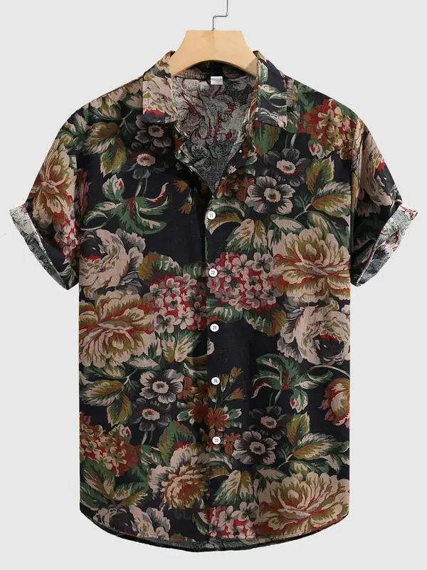Camisa con estampado de flores para hombre, camisa informal de manga corta con botones y cuello abatible, diseño de plantas a la moda, Hawaiana de verano