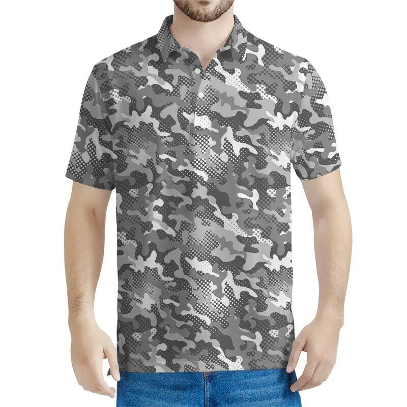 Polo à motif géométrique noir et blanc pour hommes, t-shirt à revers camouflage imprimé en 3D, t-shirts d'été à manches courtes avec bouton en Y