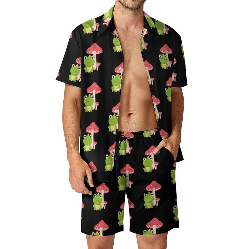 Conjunto de camisa e shorts vintage kawaii masculino, terno casual, fofo, cogumelo, sapo, animal, fitness, ao ar livre, roupas de verão, tamanhos grandes, 2 peças