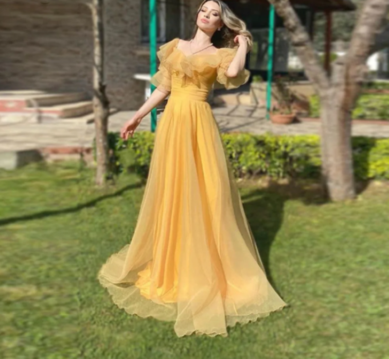 Othray Boho 2022 A Line krótka marszczone rękawy księżniczka sukienki na przyjęcie długość podłogi w stylu Vintage żółta kwadratowa szyja tiulowe suknie na studniówkę
