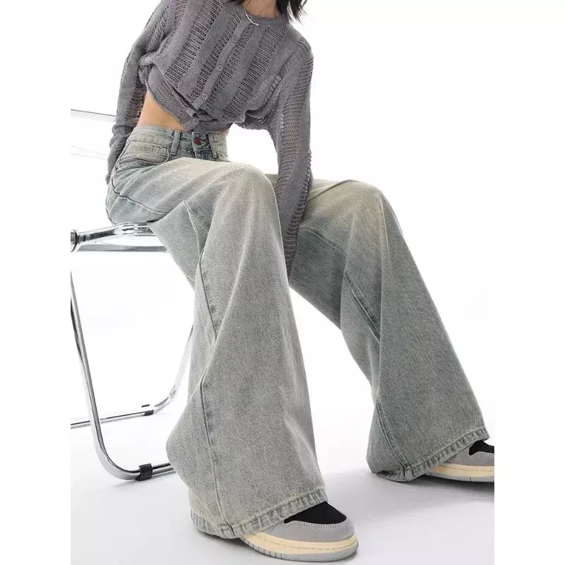 Deeptown Y2k jins wanita Vintage, celana Denim longgar ukuran besar, celana panjang kaki lebar model Korea, celana Streetwear wanita