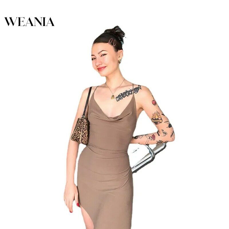 Weania-vestido de espaguete plissado com decote em V, bainha irregular, vestido sexy sem costas