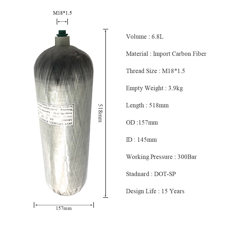 Acecare-cilindro de fibra de carbono para buceo, cilindro de 6,8l, 300bar, 4500psi, para seguridad contra incendios