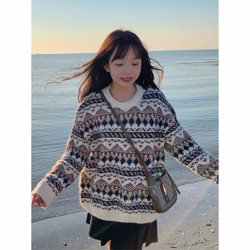 2023 Autumn and Winter Sweater Vintage O-neck Pullovers Japanese Style Jumper Tops Loose Sweet Cute Knitting Casual Tops J64
