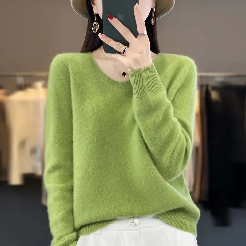 Autunno inverno 100% pura lana donna Cashmere maglione scollo a v moda fondo Pullover Casual maglia tinta unita manica lunga Top