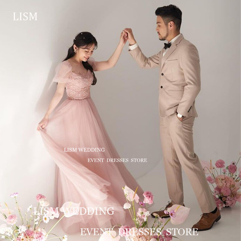 LISM Baby Pink Korea Evening Party Dress Photo Shoot Fairy Tulle Draped Wedding Formal Occasion Gowns Short Sleeves Bride Dress