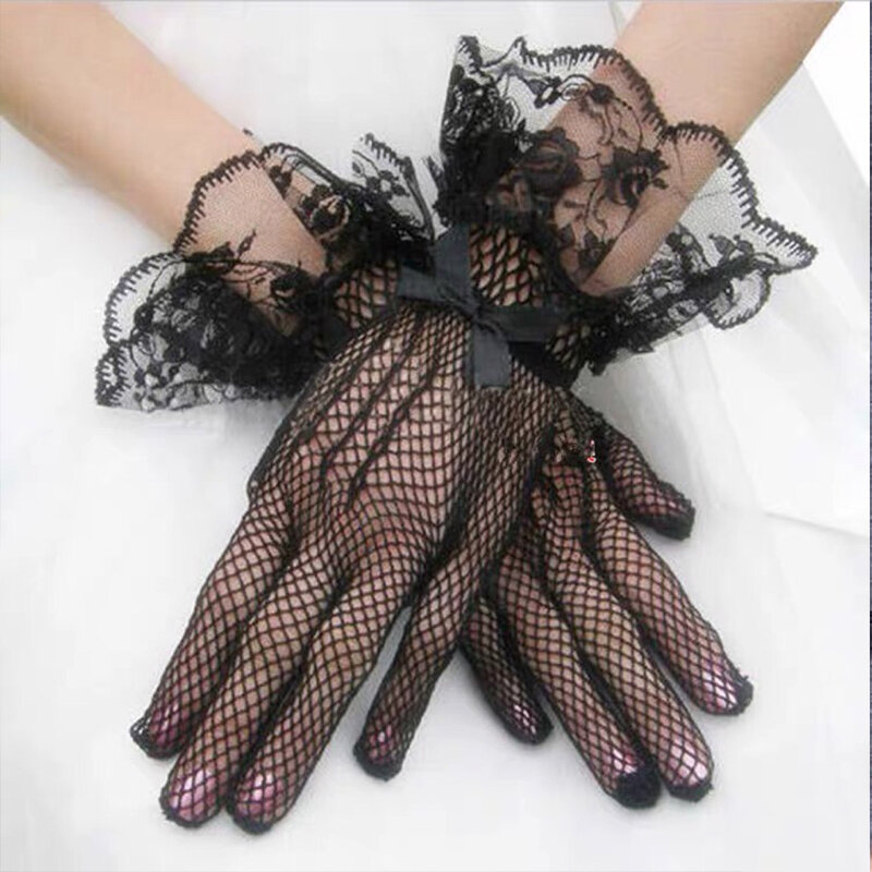 Sarung tangan Tulle pernikahan untuk wanita, sarung tangan sutra elastis ultra-tipis hitam putih jaring pendek, sarung tangan jari penuh perhiasan pesta