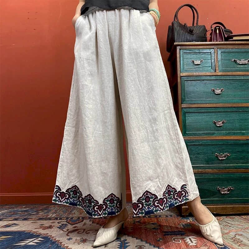 Cotton Linen Pants Women Embroidered Loose Casual Baggy Pants Oversized Wide Leg Pants Vintage Korean Fashion Trousers Clothes