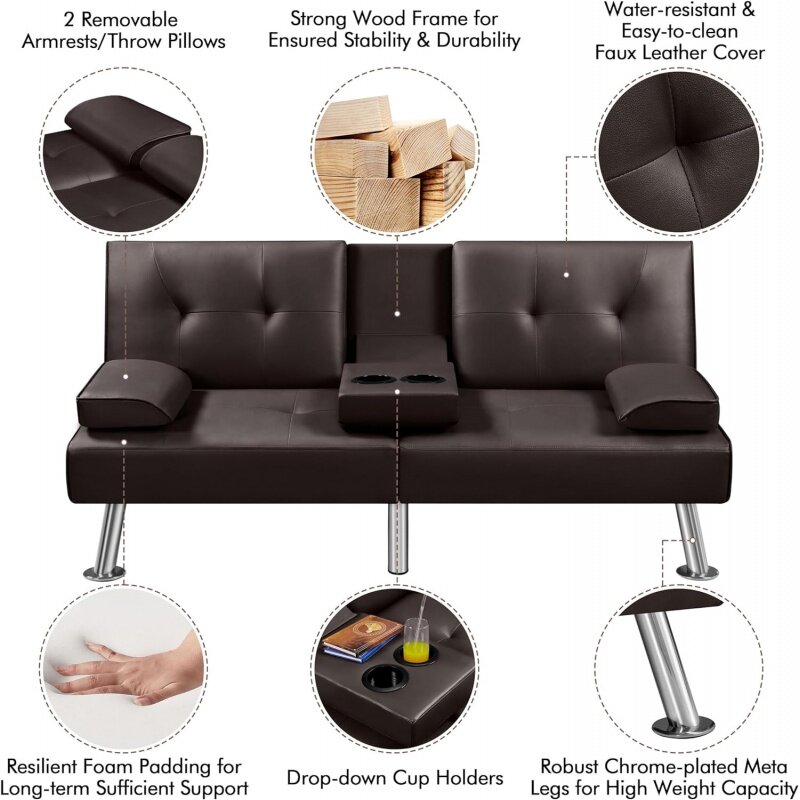 Yaheetech Sofa dapat diatur, tempat tidur Modern kulit imitasi rumah reversibel, tempat duduk dapat dilepas, 3,
