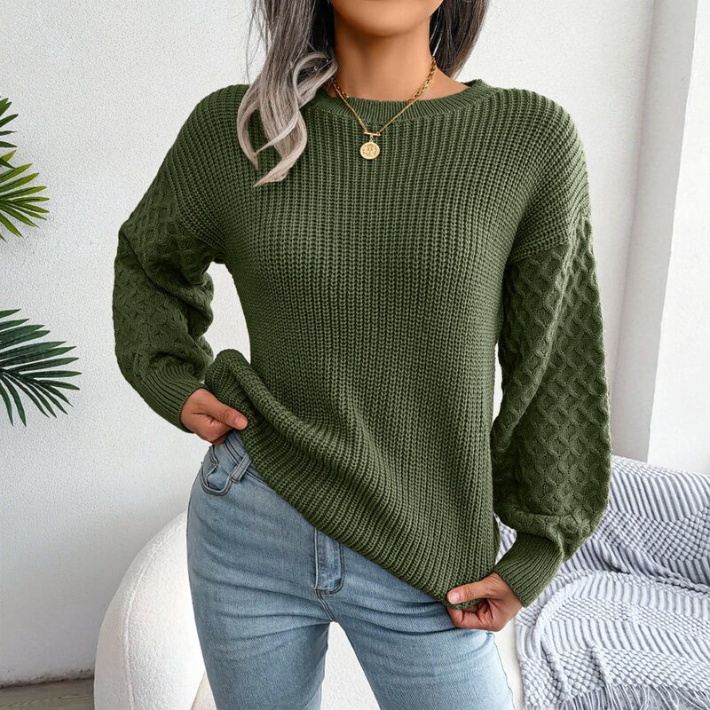 Women's Long Sleeve Crew Neck Solid Color Cable Knit Chunky Casual Oversized Pullover Sweater Tops Loose Lantern Sleeve Knitwear
