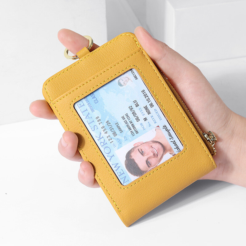 PU Leather Folding College Style Card Wallet com Zipper e Anti-lost Ring Multi-purpose Certificate Holder Card Case para Mulher