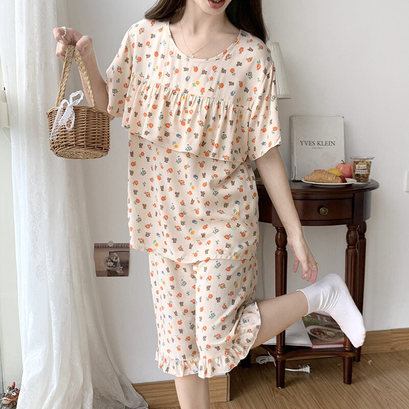Lato koreański styl kwiatowy słodki zestaw piżamy kobieta moda z krótkimi rękawami odzież damska falbana Kawaii słodkie spodenki piżama