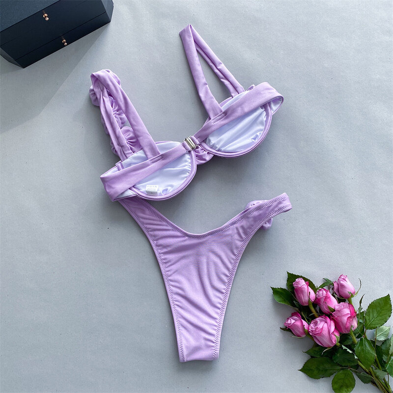 Para Praia-Bikini Bandeau plisado con flores en 3D Para mujer, traje de baño Sexy, Bikini brasileño Floral, 2024