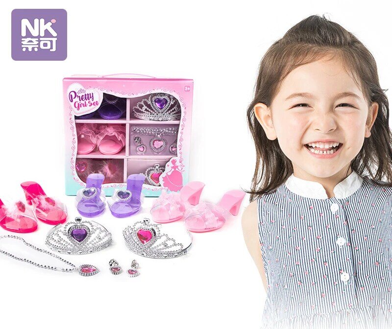 Udawaj zagraj w biżuterię zabawki księżniczka zestaw akcesoriów dla małe dziewczynki element ubioru buty zabawki naszyjnik z koroną pierścień makijaż zabawka