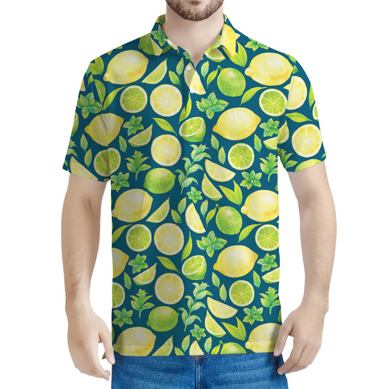 男性と女性のためのレモンラペル,緑のライムスライスのポロシャツ,3Dプリント,半袖,十分なボタン,カジュアル,夏
