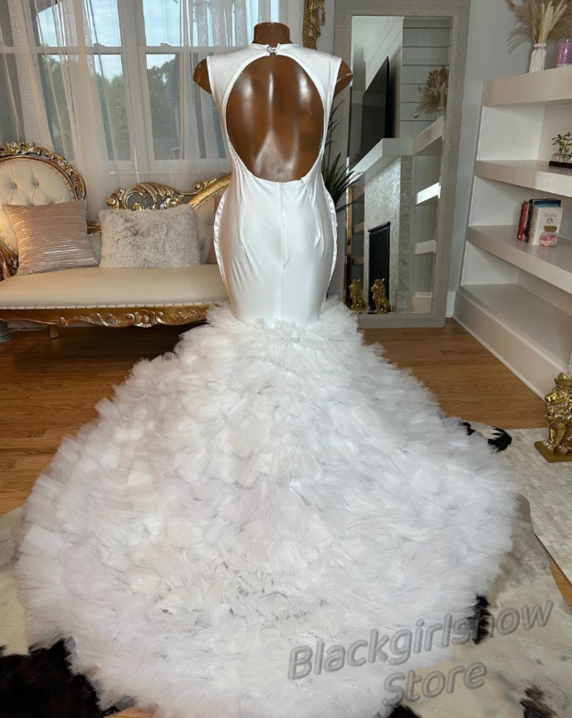 Vestido de novia blanco de lujo brillante, vestido negro con cuentas de cristal, encaje con volantes, vaina sin espalda, vestido de sirena, 2024