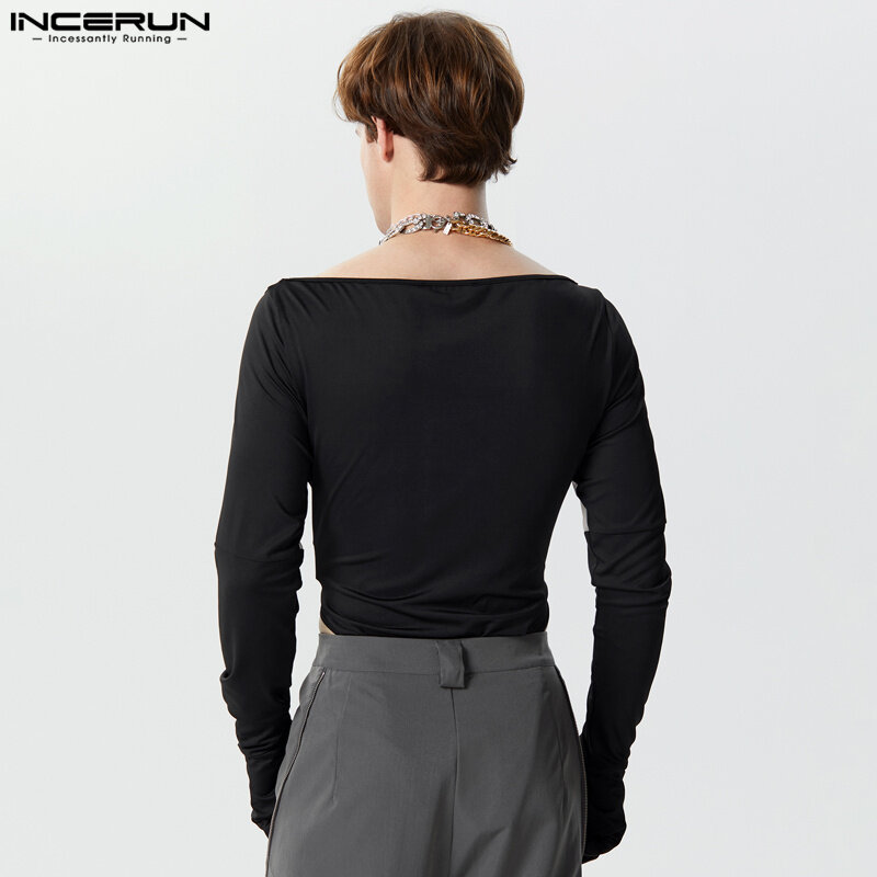 INCERUN Sexy Style Loungewear Men Rompers Patchwork See-through Mesh Thimble Bodysuits Stylish Male Long Sleeved Jumpsuits S-3XL