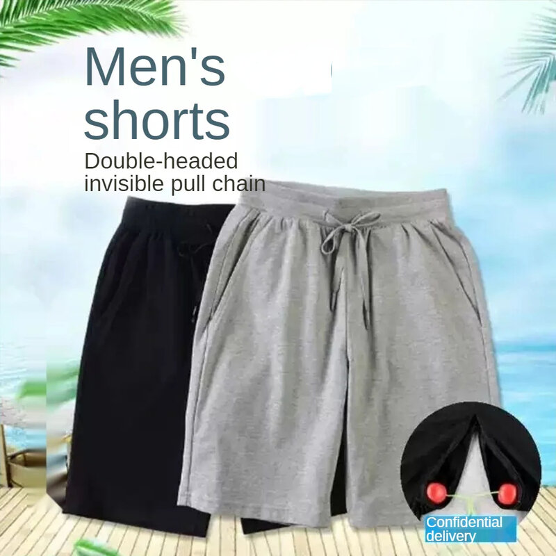 Pantalones cortos de entrepierna abierta con cremallera Invisible para hombre, deportes al aire libre, pantalones cortos casuales de talla grande, Verano