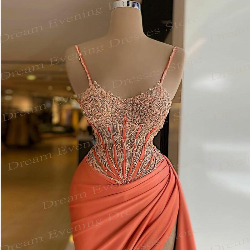 2024 Charming Orange Women's Mermaid Sexy Evening Dresses Popular Spaghetti Straps Beaded Prom Gowns Side Split Vestido Festa