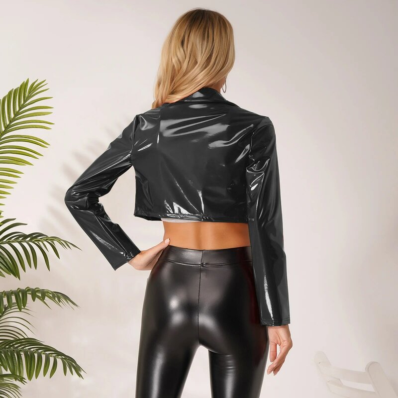 Womens Fashion Patent Leather Jacket Wet Look PU Leather Coat Clubwear Motorcycle Y2K Jacket Streetwear Outerwear