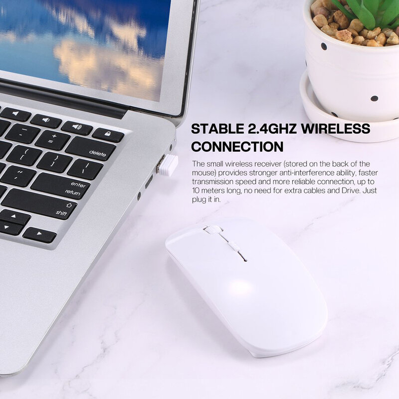 Mouse de design ergonômico sem fio fino, Mouse óptico de 2,4 GHz, 1600DPI, Gamer Office, Mouse silencioso, Receptor USB para PC, Laptop