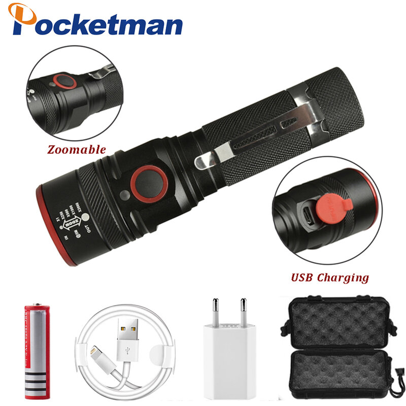 Linterna Led Linterna recargable con USB T6 con zoom, linterna de 3 modos, adecuada para camping 18650 con cable USB
