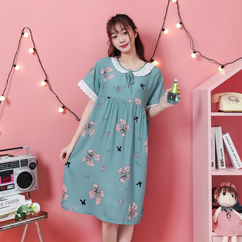 Gaun malam kerah bulat wanita mode Jepang baju tidur Ins tipis musim semi musim panas baju tidur layanan rumah baju tidur Cetak