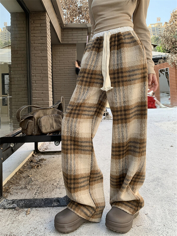 Celana panjang kotak-kotak wanita, celana panjang longgar, gaya Vintage mewah, kaki lebar, lurus, kasual harian, musim dingin, 2024