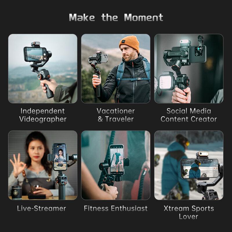 Hohem-Kit de M6 iSteady, cardán de mano, estabilizador, trípode Selfie para teléfono inteligente con luz de relleno magnética AI, luces de vídeo a todo Color