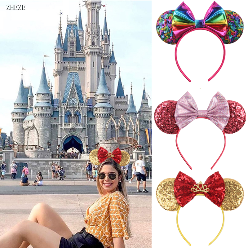 2024 Hot Sales Sequins Mouse Ears Headband For Girls 5"Bow Hairband With Crown Festival Hair Accessories Mujer