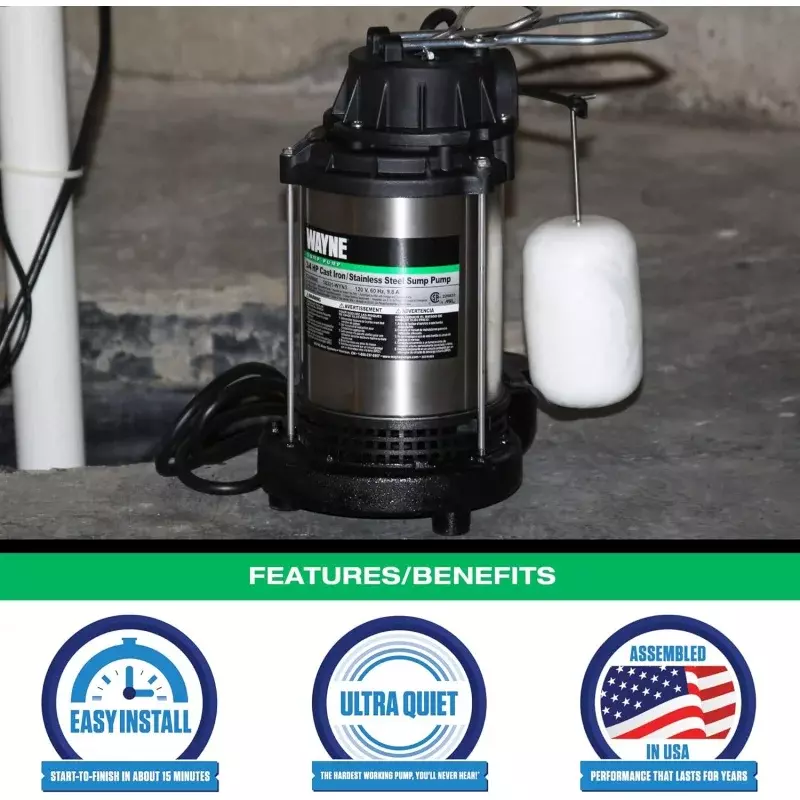 Wayne 58321-WYN3 CDU980E 3/4 HP Submersible Cast Iron and Stainless Steel Sump Pump with Integrated Vertical Float Switch, Large