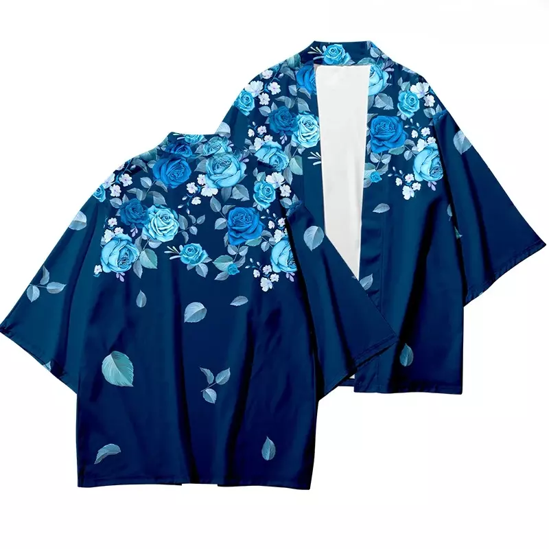 Kimono Yukata com estampa de flores para homens e mulheres, cardigã, haori, obi, roupas asiáticas, harajuku, cosplay japonês