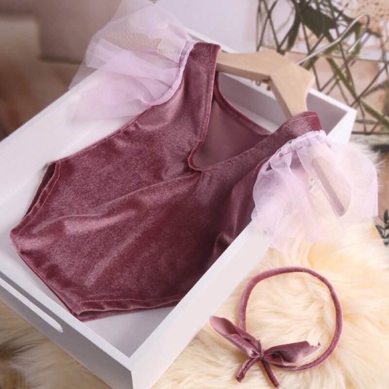 Newborn Pleuche Romper with Headband Lovely & Baby Jumpsuit Lightweight Perfect for Baby Photography QX2D