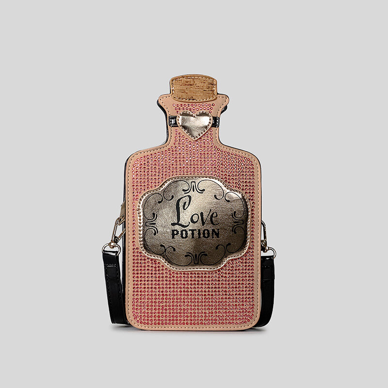 Design criativo de garrafa de strass bolsa crossbody para mulheres, corações engraçados do amor, bolsas de ombro deco, bolsas pequenas, 2024