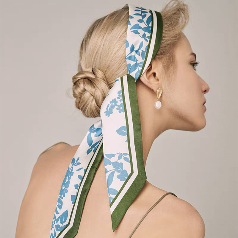 100% Natural Mulberry Silk Long Scarf Prinings Neckerchief Hair Ties Bag Ribbons Headband Hair Ornament Female Strip Scarves